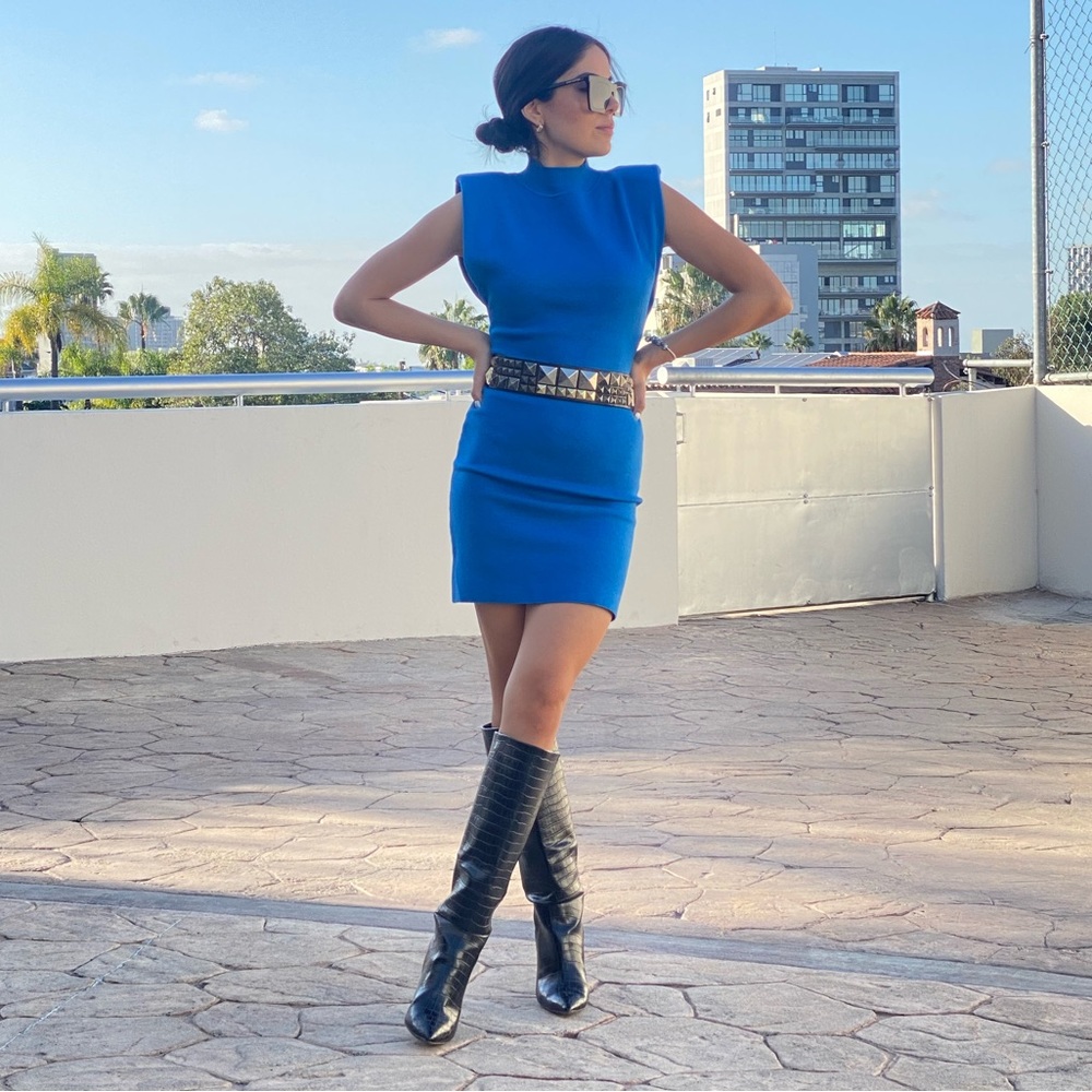 ✨24 HOUR SALE✨ Power Hour Electric Blue Sleeveless Belted Sweater Dress - Picture 4 of 12